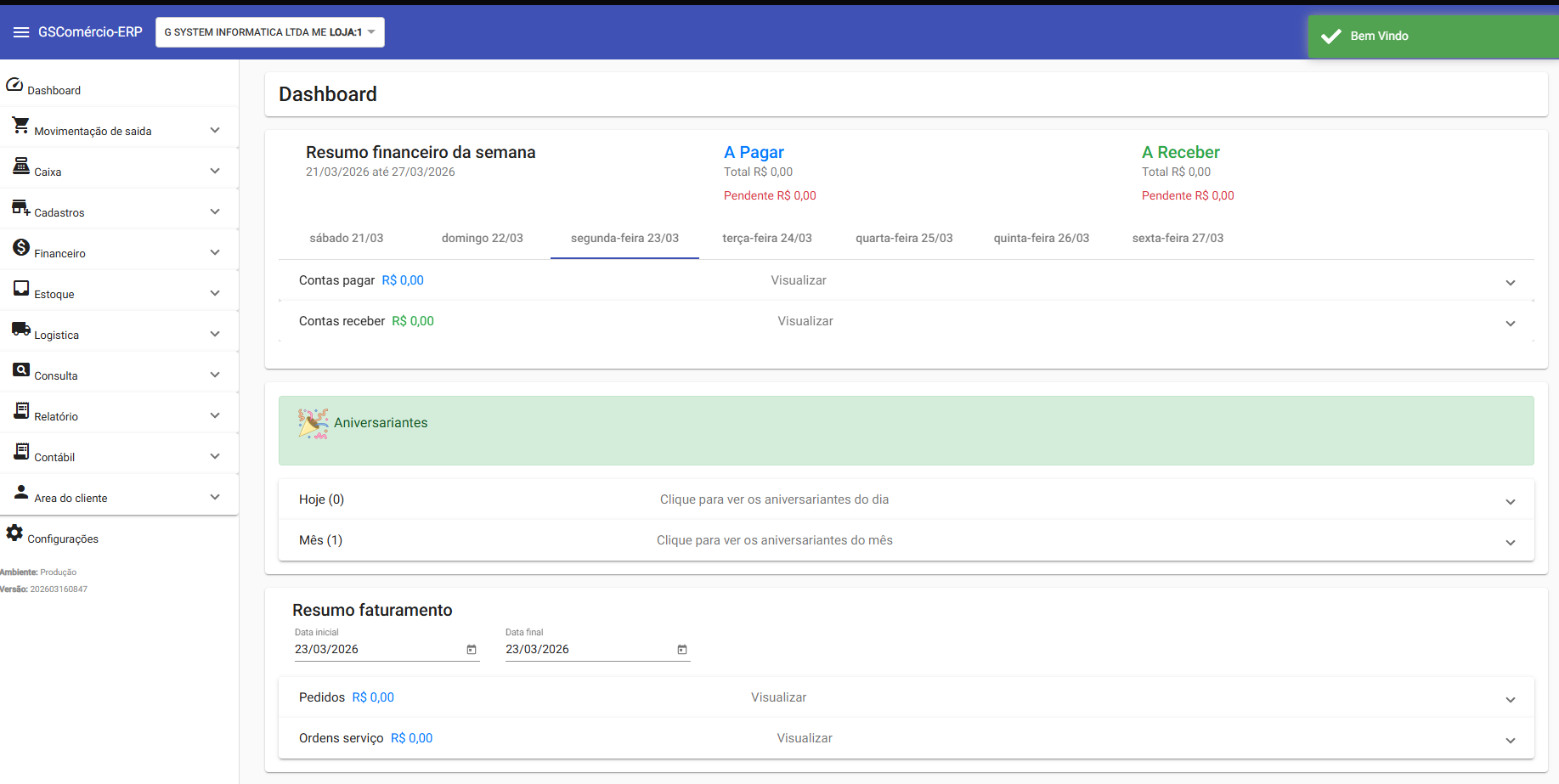 Dashboard GSComércio ERP